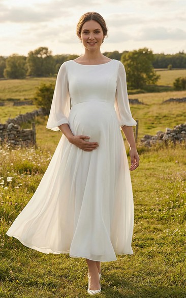 Bateau Neck Maternity Wedding Dress with Sheer Flutter Sleeves and Tea Length Skirt