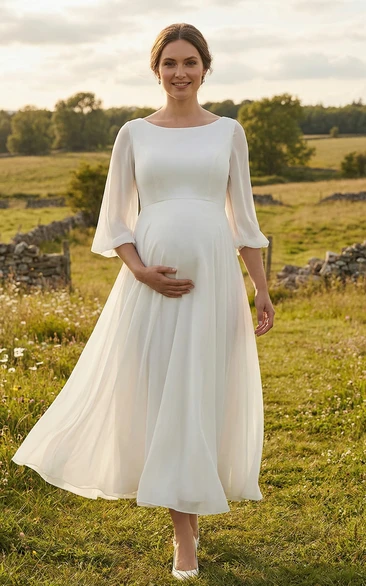 Bateau Neck Maternity Wedding Dress with Sheer Flutter Sleeves and Tea Length Skirt