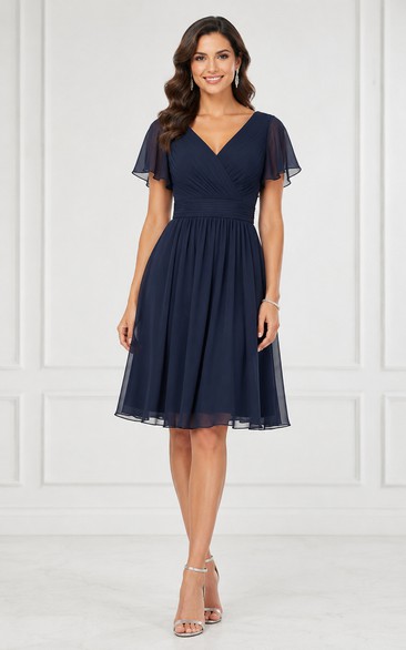 A-Line Knee-Length V-Neck Short Sleeve Chiffon Wedding Guest Dress with Pleats