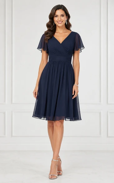A-Line Knee-Length V-Neck Short Sleeve Chiffon Wedding Guest Dress with Pleats