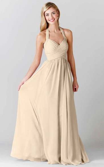 Floor-Length Halter Criss-Cross Sleeveless Chiffon Bridesmaid Dress