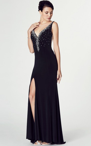 V-Neck Beaded Sleeveless Jersey Prom Dress
