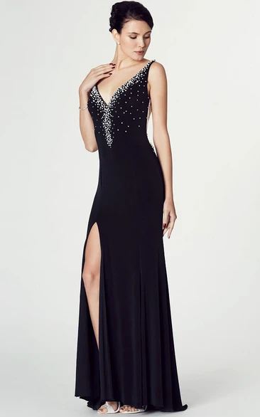 V-Neck Beaded Sleeveless Jersey Prom Dress