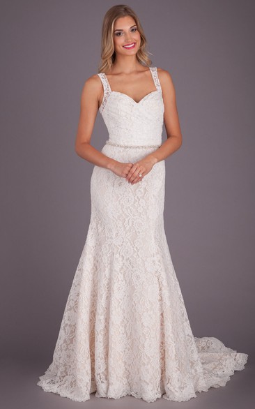 A-Line Sleeveless Jeweled Floor-Length Lace Wedding Dress With Criss Cross And Keyhole Back