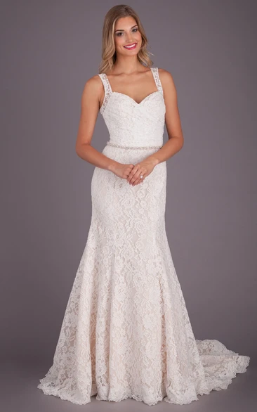 A-Line Sleeveless Jeweled Floor-Length Lace Wedding Dress With Criss Cross And Keyhole Back