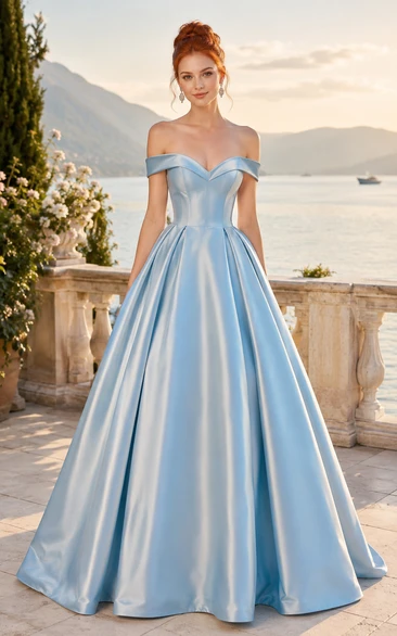 Vestido de gala de satén azul cielo con hombros descubiertos para bailes de graduación y eventos formales, incluyendo recepciones y fiestas de gala.