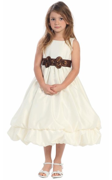 Tea-Length Bowed Sleeveless Flower Girl Dress
