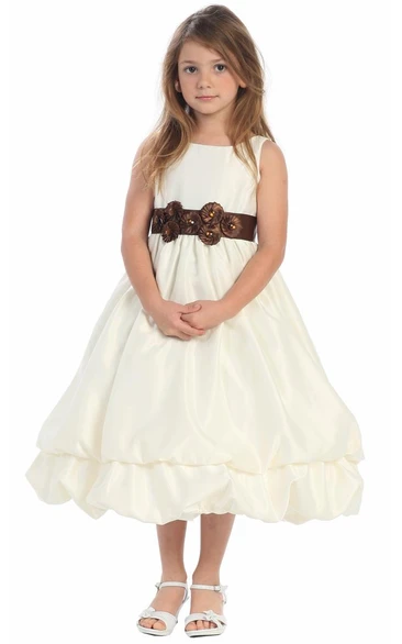 Tea-Length Bowed Sleeveless Flower Girl Dress