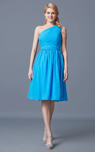 Vintage One Shoulder Ruched Knee Length Chiffon Dress With Sash