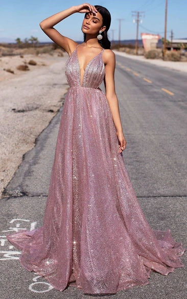 Sexy Plunged Spaghetti Empire A-line Sequin Prom Dress