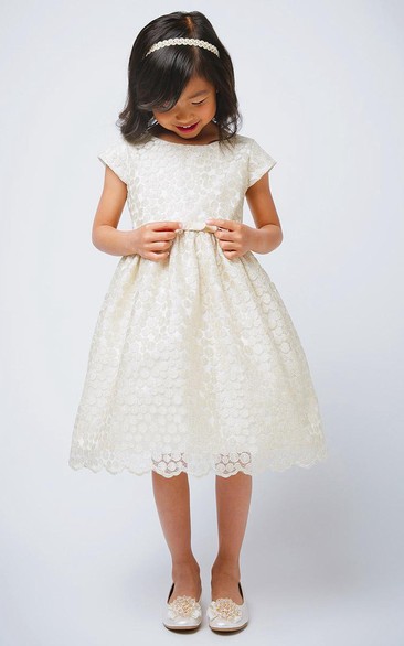 Tea-Length Scalloped Cap-Sleeve Bowed Satin Flower Girl Dress