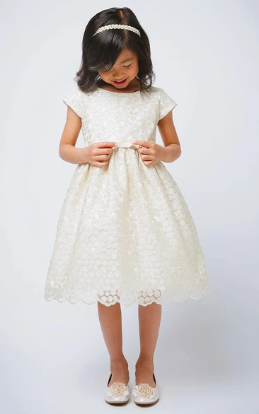 Tea-Length Scalloped Cap-Sleeve Bowed Satin Flower Girl Dress