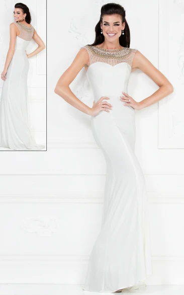 Sheath Long Scoop-Neck Cap-Sleeve Jersey Illusion Dress With Beading