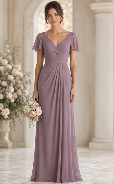 Mauve V-Neck Short Sleeve Chiffon Sheath Bridesmaid Dress