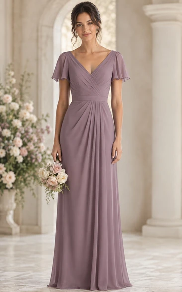 Mauve V-Neck Short Sleeve Chiffon Sheath Bridesmaid Dress