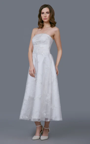 Strapless Organza Gown With Floral Sash and Embroidery