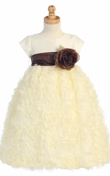 Ankle-Length Tiered Cap-Sleeve Tulle&Taffeta Flower Girl Dress