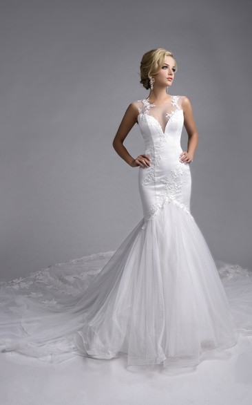 Sleeveless Lace-Appliqued Tulle Mermaid Wedding Dress With Illusion Top