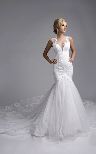 Sleeveless Lace-Appliqued Tulle Mermaid Wedding Dress With Illusion Top