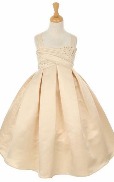Tea-Length Sleeveless Beaded Satin Flower Girl Dress