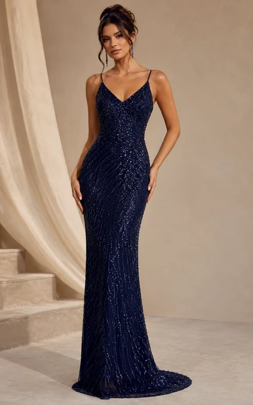 Marineblaues, perlenbesetztes Ballkleid mit offenem Rücken im Meerjungfrauenstil