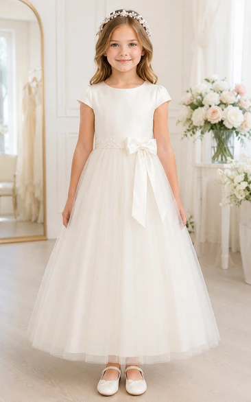 Ivory A-Line Tulle Flower Girl Dress with Floral Details, Bow Sash