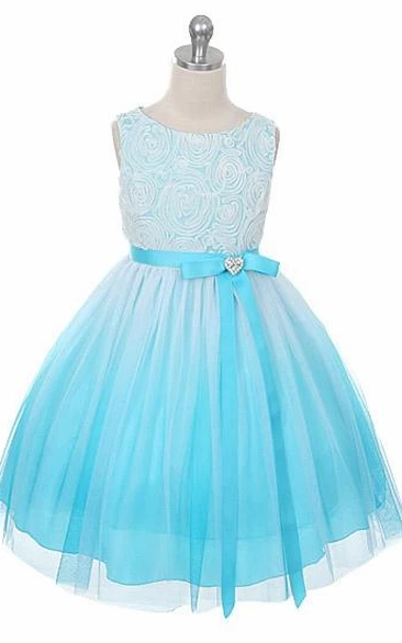 Tea-Length Broach Tiered Flower Girl Dress