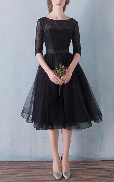A-Line Scoop Half Sleeves Lace Sashes Tea-Length Prom Dress