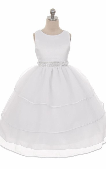 Tea-Length Sleeveless Beaded Organza&Satin Flower Girl Dress