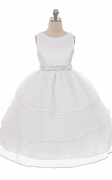 Tea-Length Sleeveless Beaded Organza&Satin Flower Girl Dress