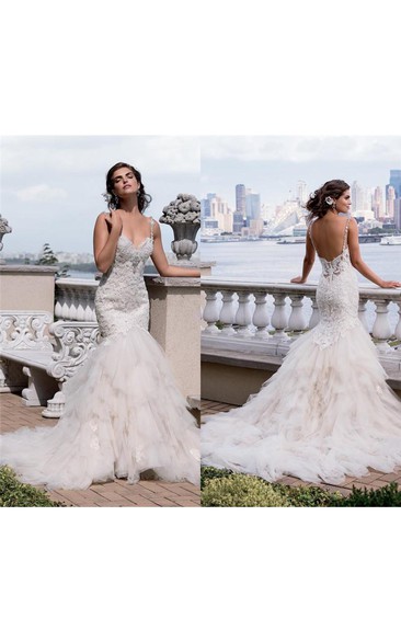 Trumpet Short Sweetheart Sleeveless Bell Beading Appliques Chapel Train Backless Tulle Lace Bride Dress