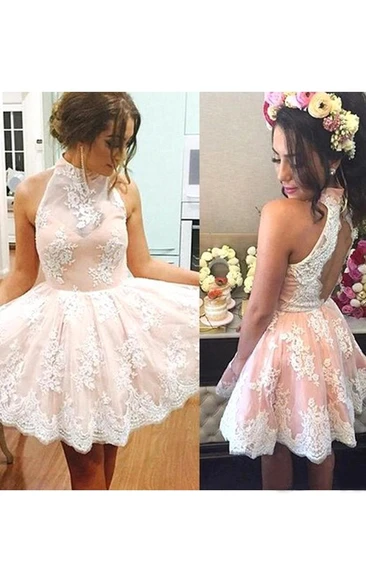 A-line Ball Gown Sleeveless Lace High Neck Keyhole Short Mini Homecoming Dress
