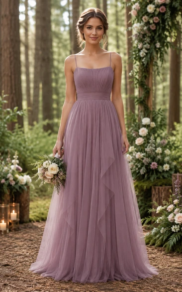Vintage Mauve Square Neck Tulle A-Line Bridesmaid Dress