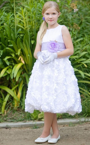 Tea-Length Tiered Satin Flower Girl Dress