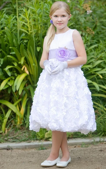 Tea-Length Tiered Satin Flower Girl Dress