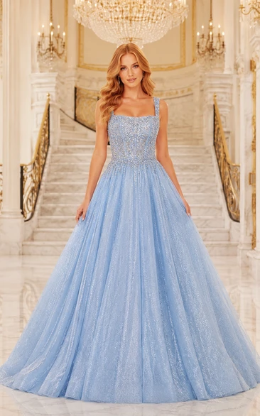 Sky Blue Glitter Tulle Ball Gown with Spaghetti Straps and Low V Back