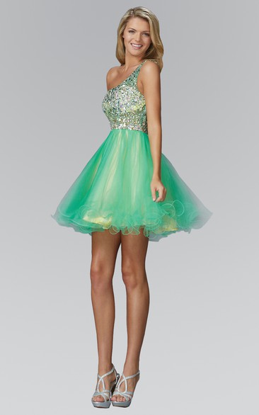 A-Line Short One-Shoulder Sleeveless Tulle Dress With Ruffles And Beading