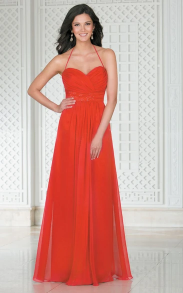 Halter A-Line Floor-Length Bridesmaid Dress With Beaded Waist And Open Back