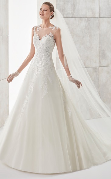Jewel-Neck Illusive A-Line Wedding Dress With Lace Appliques And Open Back