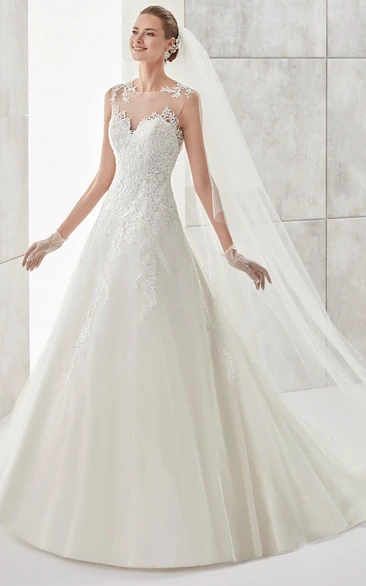 Jewel-Neck Illusive A-Line Wedding Dress Styles With Lace Appliques And Open Back