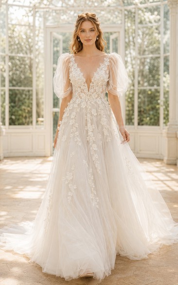 Wedding A-Line Tulle Dress with Puff Sleeves, V-Neck Lace Bodice, and Train