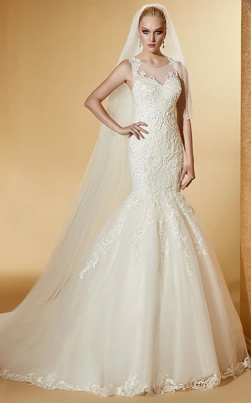 Cap Sleeve Jewel-Neck Mermaid Bridal Gown With Illusive Design And Court Train