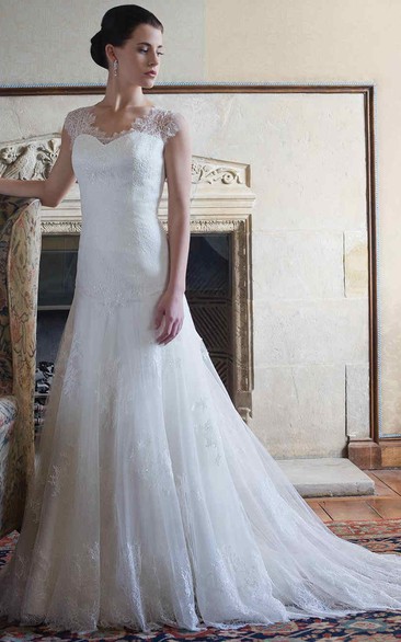 A-Line V-Neck Long Appliqued Sleeveless Lace Wedding Dress