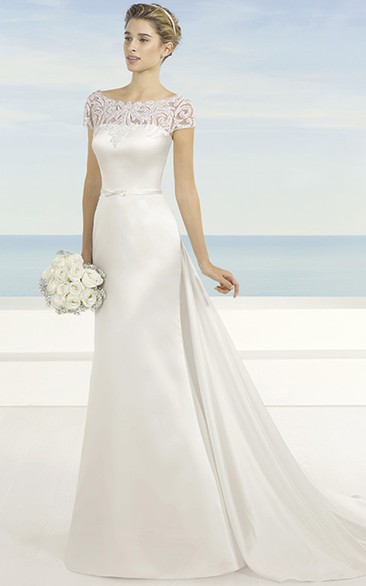 Bateau Long Short-Sleeve Appliqued Satin Simple Wedding Dress