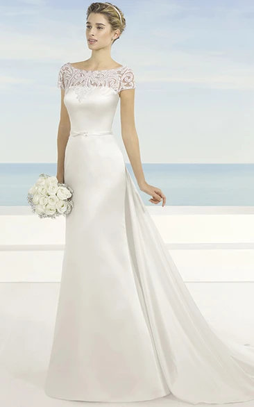 Bateau Long Short-Sleeve Appliqued Satin Simple Wedding Dress