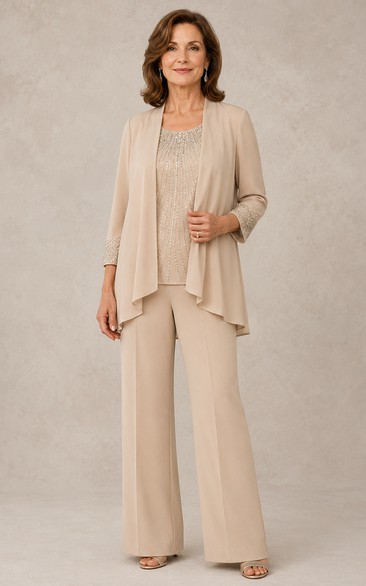 Champagne Beaded Top Mother Pantsuit Champagne Scoop Jewel Jumpsuit Ankle-length