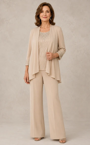 Champagne Beaded Top Mother Pantsuit Champagne Scoop Jewel Jumpsuit Ankle-length
