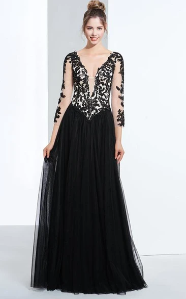 A-Line V-Neck 3-4 Length Sleeves Appliques Beading Prom Dress