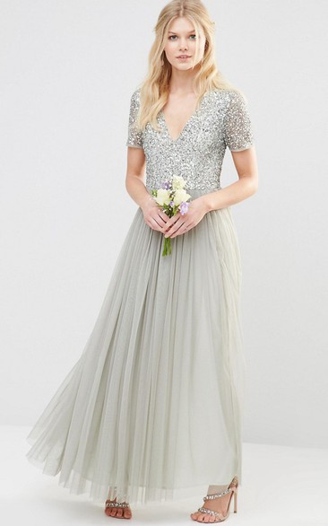 Ankle-Length V-Neck Short Sleeve Pleated Tulle Bridesmaid Dress