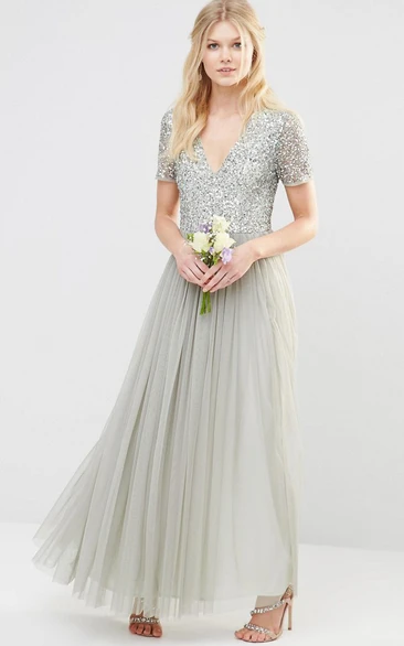 Ankle-Length V-Neck Short Sleeve Pleated Tulle Bridesmaid Dress